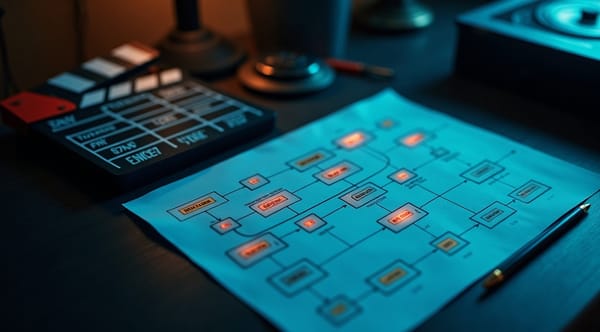 Clapperboard beside a glowing flowchart of production stages, one stage highlighted